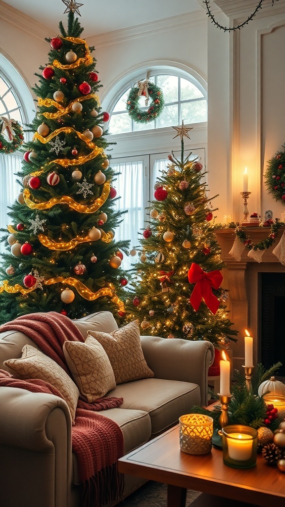 Christmas Aesthetic Home Decor Ideas A cozy Christmas living room with a decorated tree, festive table settings, and warm lighting.